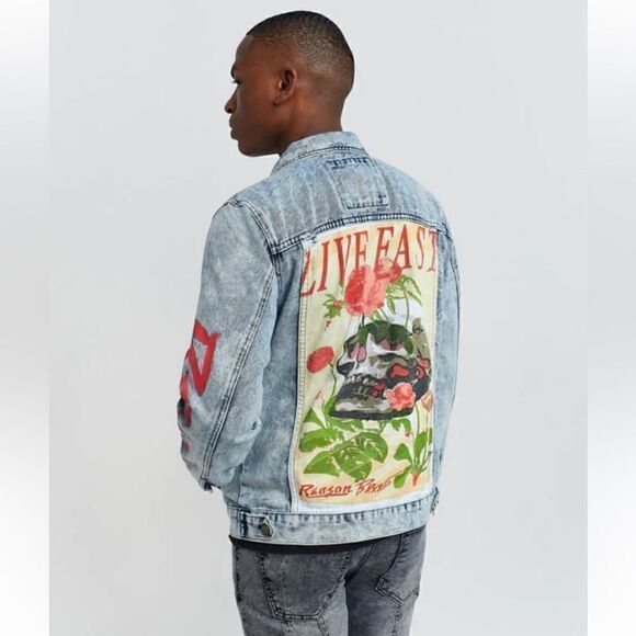 Reason Terra Acid Light Washed Denim Blue Jean Shirt Jacket Size L - Picture 1 of 10